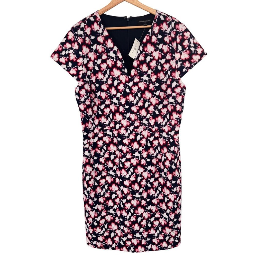 Banana Republic Floral Print V-Neck cap sleeve Dress Womens 16 Navy Pink new